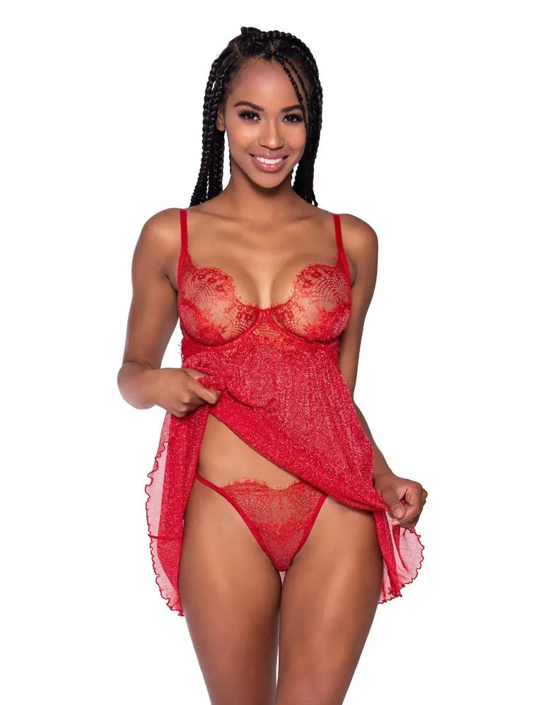 Shimmer Lace & Mesh Babydoll Set