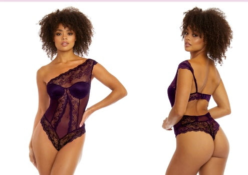 One-Shoulder Lace Bodysuit - Plum